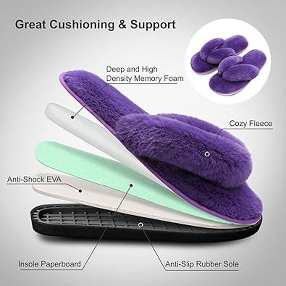 Joinfree Womens Large 9.5 Purple Fuzzy Thong Open Toe Flip Flop Slippers Shoes - Picture 4 of 7